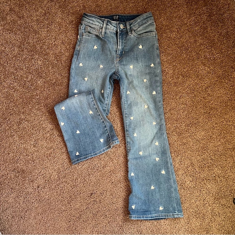 GAP girls jeans, 70’s flare with embroidered  hearts size 7